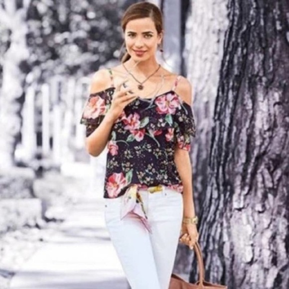 CABI Navy Blue Pink Floral Cold-Shoulder Ruffled Fairy Tale Chiffon Blouse - Picture 12 of 12